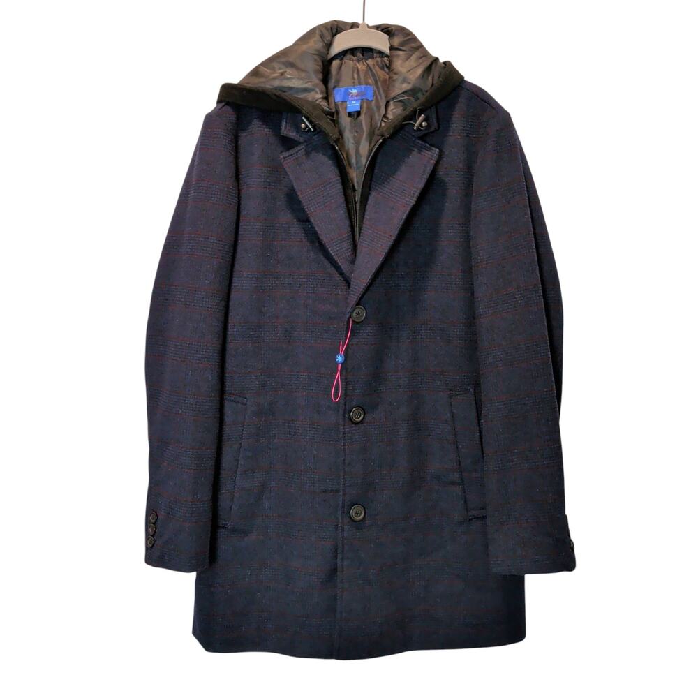NWOT Egara Men's S M Blue Plaid Wool Pea Coat Layered Look Hooded Thick Heavy